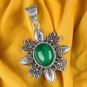 925 Sterling Silver Jewelry Natural Malachite Green Gemstone Handmade Pendant FW - Picture 1 of 8