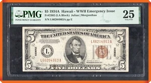 KC- Fr.2302 1934A $5 Hawaii - WW2 Emergency Issue - VF 25 PMG - Picture 1 of 3