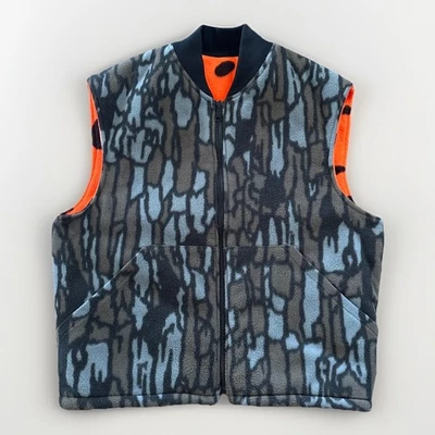 80s 90s Cabelas Reversible Fleece Tree Bark/Cow Print Camo Utility Vest Mens L - Image 1 of 4