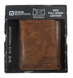 Cartera de cuero de grano completo Stone Mountain para hombre RFID seguridad triple pliegue tostado - Imagen 1 de 7