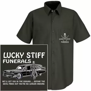 LUCKY STIFF FUNERALS WE BURY YOU BEFORE DEVIL GETS YOU SKELETON HEARSE WORKSHIRT - Picture 1 of 12