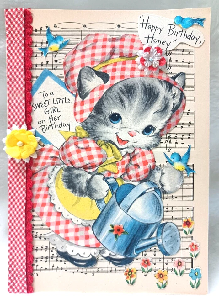 Adorable tarjeta de cumpleaños adornada vintage artesanal ¡ÚNICA EN SU CLASE! Honey Kitten 5x7  Foto 1 de 4