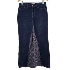 Maxi falda bohemia de mezclilla azul reciclado talla 12 cosida a mano con paneles florales - Imagen 1 de 12