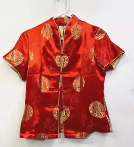 Damen Kragen Tang Shirt Knopf Satin Bluse Kurzarm Chinesisch Rot Oberteil Kleidung - Bild 1 von 3