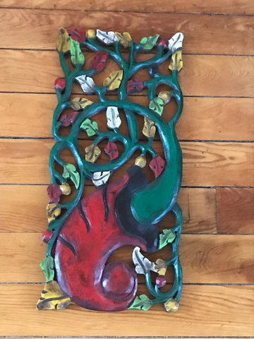Vintage Colorfully Painted Carved Wood Wooden Abstract Tree w Leaves Wall Hangin Cover