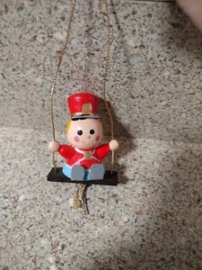Vtg Blue Red Mini WOODEN SOLDIER On Swing Xmas ORNAMENT Hanging Wood a - Picture 1 of 3