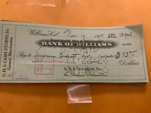 1928 The Bank of Williams Williams CA  Cancelled Check G.H.S. Cash Stores - Picture 1 of 2