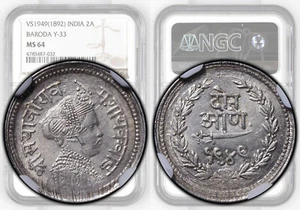 INDIA, Baroda, Sayaji Rao III, 2 Annas 1892 VS1949, NGC MS 64 - Imagen 1 de 8