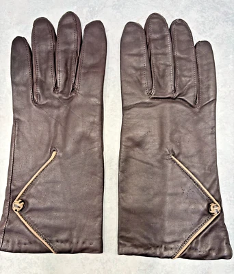 DESIGNER LADIES DARK BROWN LEATHER WINTER GLOVES ACRYLIC KNIT LINING SIZE 7 - Image 1 of 4