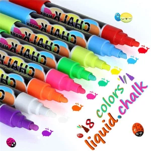 Liquid Chalk Pens Marker Reversible Neon 8 Colours Glass Window Clean Dual Nib - Picture 1 of 12