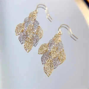 Pure 18K Yellow White Gold Lucky Leaf Dangle Earrings Women - Picture 1 of 7
