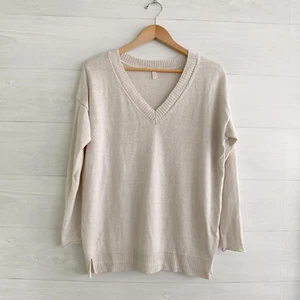 Eileen Fisher - Suéter Jersey de lino orgánico oversize cuello en V beige piedra, M - Imagen 1 de 7