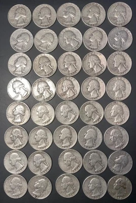 40 ~ (1 roll) ~ 90% SILVER ERROR Quarters - (ALL Pre-1965)  see info ~ Tube 1/5 - Image 1 of 2