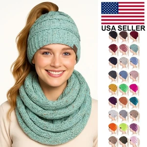 C.C 2-teiliges Damen Konfetti Messy Bun Pferdeschwanz gerippt Beanie und Schals Set - Bild 1 von 147