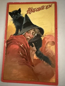 Postal de Halloween Bruja de miedo con gato negro, Tucks Pub. Serie 174, 1910. - Imagen 1 de 10