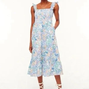 J. Midi-Tankkleid Crew blau bunt Blumen gesmokt Baumwolle Stufen Rüschen L - Bild 1 von 13