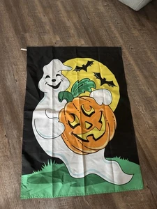 Bandiera Halloween 1998 doppia faccia fantasma e zucca 100% poliestere Corea PULITA - Foto 1 di 9