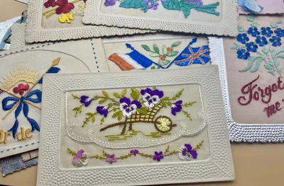 Silk vintage Postcards Lot (25) WWII – Embroidered  1940s Love War bundle   - Image 1 of 4