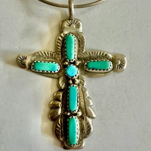 Vintage Unisex Silber/Türkis Kreuz mit Kette/C Iule/Zuni/Indianer/17,48g - Bild 1 von 5