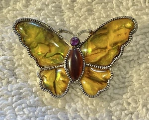 Butterfly Brooch Jewelry Fashion Silver Tone Purple Stone Yellow Green Wings Pin - Picture 1 of 6