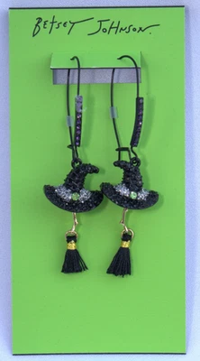 New Betsey Johnson Black Witch Hat Broomstick 3D Earrings 3" L Crystals Wicked - Image 1 of 4
