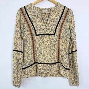 Top Boho Vintage Talla 6 Azul Crema Floral Terciopelo Borde Folk Cottage Renacimiento - Imagen 1 de 7