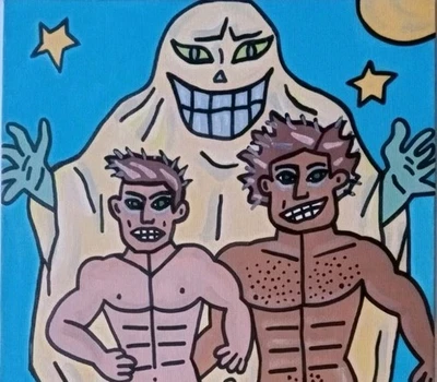 Halloween Gay Male Couple Ghost Spooky Original Oil Painting Oxana Diaz 8" x 10" - Image 1 of 4