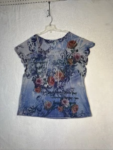 Avenue Womens Plus Size 22/24 (2X) Blue Paisley Scoop Neck Top Short Sleeve - Picture 1 of 13