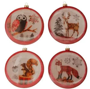 RAZ Imports Large 6" Animal Glass Disk Ornaments Set/4 Owl Deer Fox Christmas - Picture 1 of 1