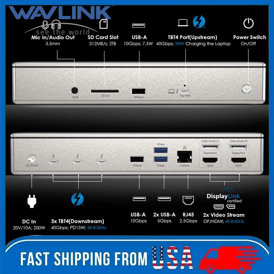 Thunderbolt 4 Docking Station Dual HDMI Dock USB C DP RJ45 98W For Mac Windows - Image 1 of 4