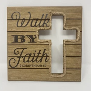 Walk by Faith Rustic Wood Hanging Sign With Rope Cross - Picture 1 of 5