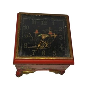 Vintage Messing Tischuhr Schatulle Emaille bemalt asiatische Themen Germany - Bild 1 von 9