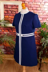 Vintage orig 60er Etuikleid Kleid blau weiß Rockabella 46 - Bild 1 von 6