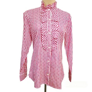 Vineyard Vines Pink And White Striped Ruffled Button Down Shirt 8 - Picture 1 of 7