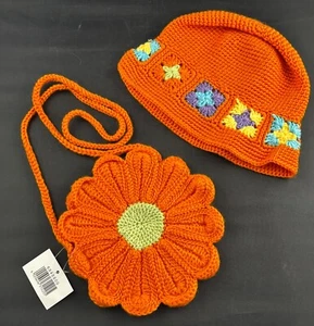 GIRL/WOMAN CROCHET HAT CLOCHE & CROSSBODY BAG PURSE FLOWER SHAPE ORANGE HANDMADE - Picture 1 of 4