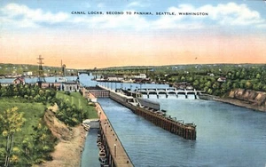 Postal de lino de Seattle Washington de las esclusas del canal segunda a Panamá - Imagen 1 de 2