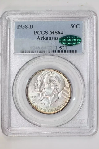 1938-D ARKANSAS SILVER COMMEMORATIVE HALF DOLLAR PCGS MS64 CAC VERY PQ! Cover