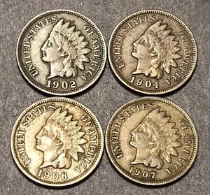 Indian Head Cent Lot of Four Different Dates Liberty Penny Fine or Better H - Picture 1 of 4