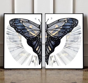 Juego de 2 impresiones artísticas fluidas mariposas tinta mármol oro azul marino decoración elegante - Imagen 1 de 6