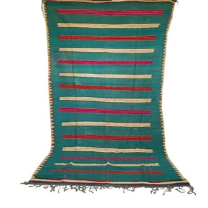 Handmade Moroccan Green Rug Pink Red Yellow Stripes Fringe Berber Wool Carpet - Picture 1 of 24