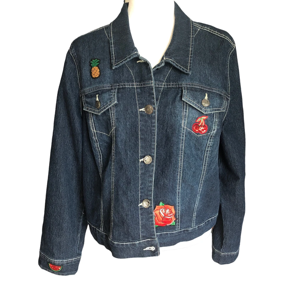 Chaqueta Nine West Vintage America Denim Frutas y Rosas Adornada Botón Frontal XL Foto 1 de 4