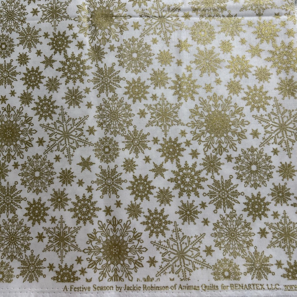 Fabric Cotton 1.94 Yards 44” Wide Shimmering Golden Snowflakes Quilting Crafts - Image 1 of 2