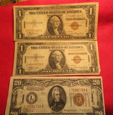 Hawaii Overprint Emergency Note 1934 $20 & 2 1935 $1 Circulated - Image 1 of 4