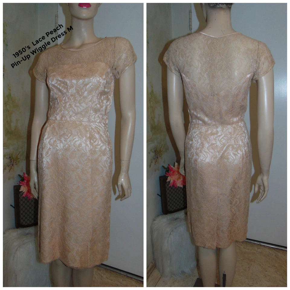 Vestido Pin Up Rockabilly Lápiz Melocotón Encaje Satinado Vintage Años 50 Foto 1 de 4