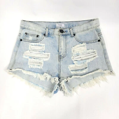 Pantalones cortos de mezclilla para mujer Tobi 28 azules tiro medio rasgados desgastados lavado claro  Foto 1 de 4