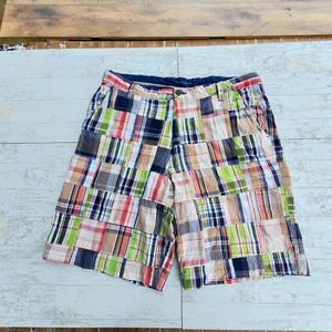 Madison Patchwork Madras Plaid Shorts Mens 36 Multicolor 100% Cotton Blue Green - Picture 1 of 12