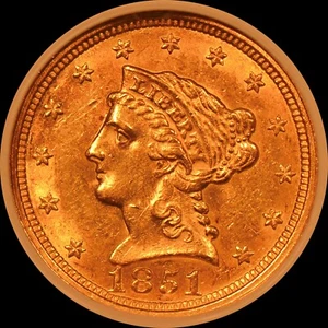 1851 $2.50 U.S. Liberty Head Gold Quarter Eagle NGC MS60 (Gold Rush Era Coin) - Picture 1 of 4