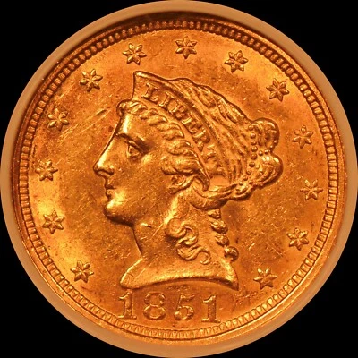 1851 $2.50 U.S. Liberty Head Gold Quarter Eagle NGC MS60 (Gold Rush Era Coin) - Image 1 of 4