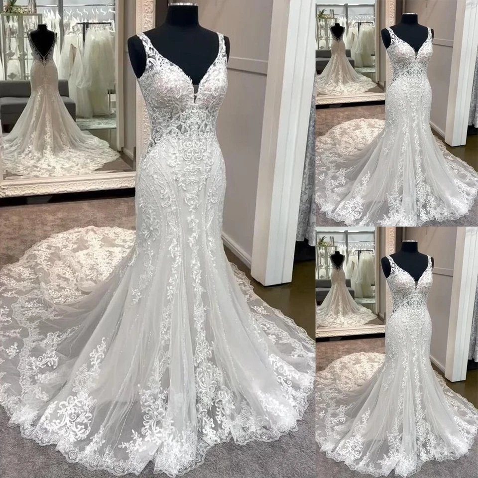 Elegantes vestidos de noiva sereia gola V apliques de renda trem de varredura vestidos de noiva - Imagem 1 de 4