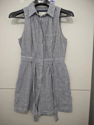 Anthropologie Romper Womens 0 Blu Sleeveless Shirt Collar Striped Linen Blend 3" - Imagem 1 de 4